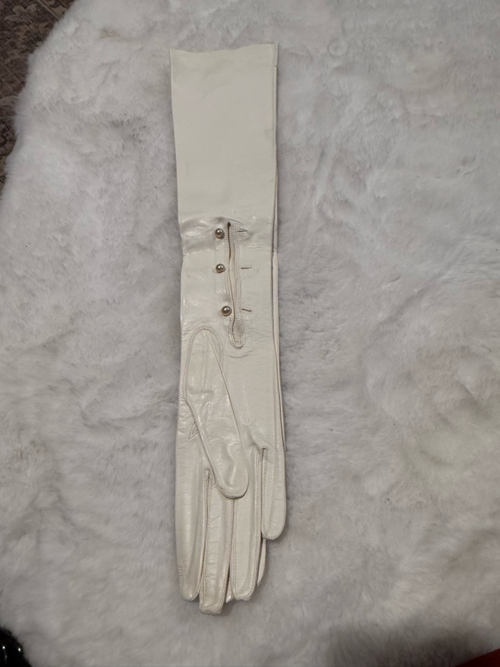 Long Ivory Women's Dress Gloves with Pearl Button Detail